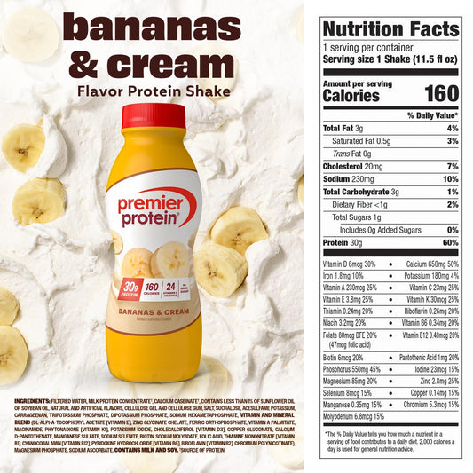 Premier Protein 30g High Protein Shake, Bananas & Cream, 12 Pack