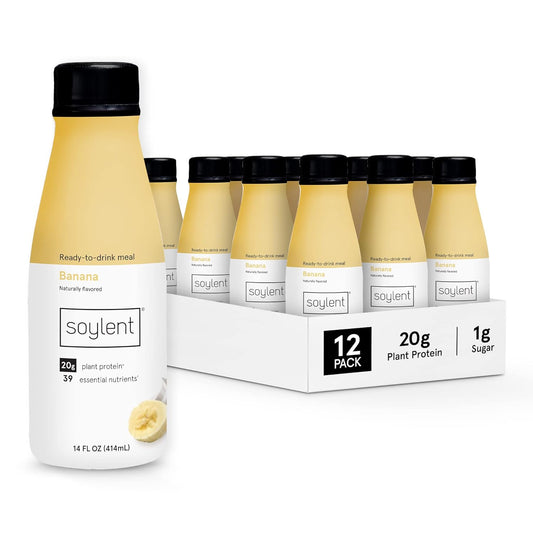 Soylent Banana Meal Replacement Shake, Ready-to-Drink Plant Based Protein Drink, Contains 20g Complete Vegan Protein and 1g Sugar, 14oz, 12 Pack