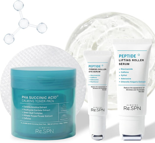 Re.SPN PHA Succinic Acid Calming Toner Pads + Re.SPN Peptide Duo - Daily Exfoliating, Hydrating and Soothing, Wrinkles & Dark Circles with Gua Sha Applicator, Vegan, Eye Peptide, Niacinamide, K-Beauty
