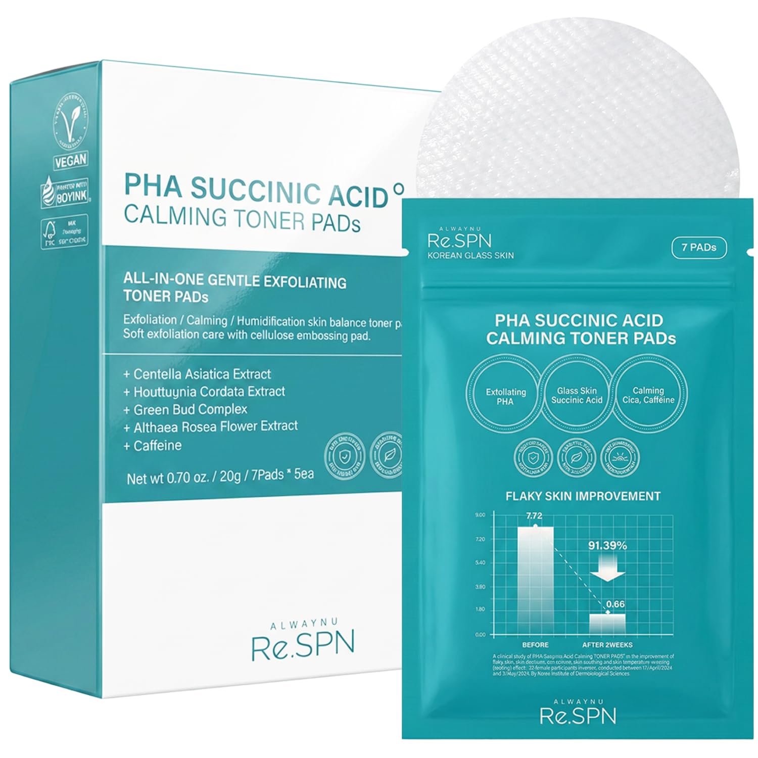 Re.SPN PHA Succinic Acid Calming Toner Pads – Daily Exfoliating, Hydrating and Soothing with CICA, Caffeine, Non-comedogenic, Vegan, Glass Skin, K-Beauty (35)