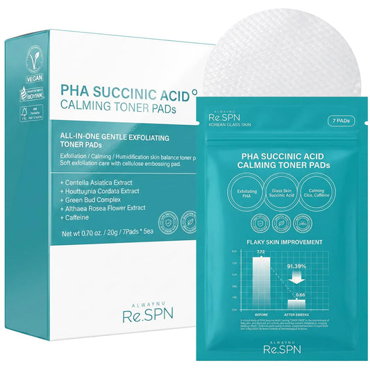 Re.SPN PHA Succinic Acid Calming Toner Pads – Daily Exfoliating, Hydrating and Soothing with CICA, Caffeine, Non-comedogenic, Vegan, Glass Skin, K-Beauty (35)