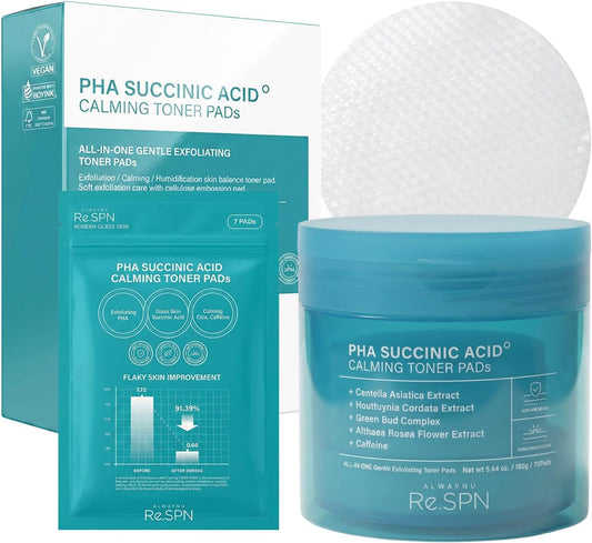 Re.SPN PHA Succinic Acid Calming Toner Pads – Daily Exfoliating, Hydrating and Soothing with CICA, Caffeine, Non-comedogenic, Vegan, Glass Skin, K-Beauty (70 + 35 Count)