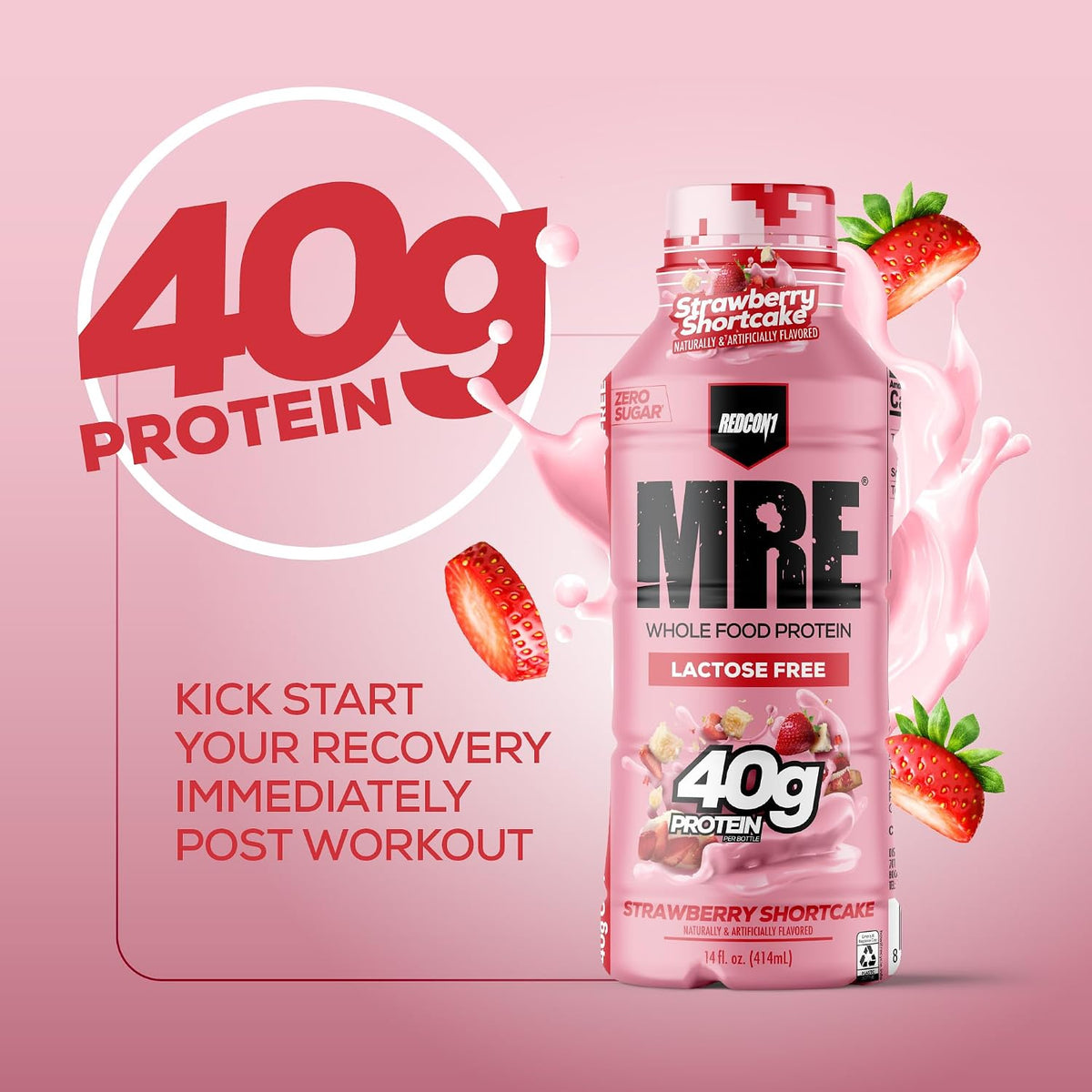REDCON1 MRE RTD Protein Shake | Strawberry Shortcake | Lactose Free, 40g Protein - 12 Pack, 14 oz