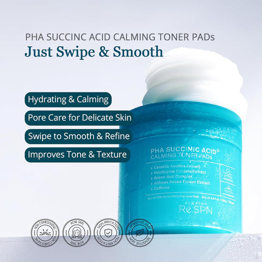 Re.SPN PHA Succinic Acid Calming Toner Pads + Re.SPN Peptide Duo - Daily Exfoliating, Hydrating and Soothing, Wrinkles & Dark Circles with Gua Sha Applicator, Vegan, Eye Peptide, Niacinamide, K-Beauty