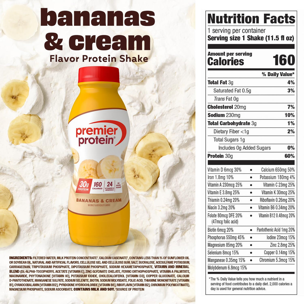 Premier Protein 30g High Protein Shake, Bananas & Cream, 12 Pack